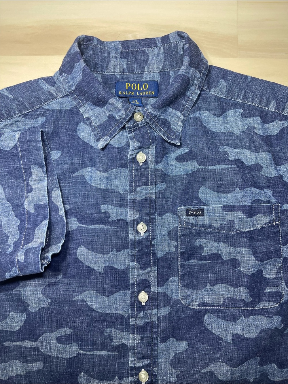 Polo Ralph Lauren S/S Button Up Boys Sz L Mens Sz XS Blue Camo Print Denim Shirt